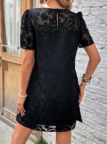 SHEIN Clasi 提花泡泡袖後鎖孔連衣裙 - 黑色 - 查看 2