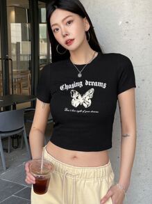 DAZY 蝴蝶和口号图案短款 T 恤追逐梦想不要忘记你的梦想 - 黑色 - 查看 2