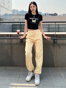 DAZY 蝴蝶和口号图案短款 T 恤追逐梦想不要忘记你的梦想 - 黑色 - 查看 6