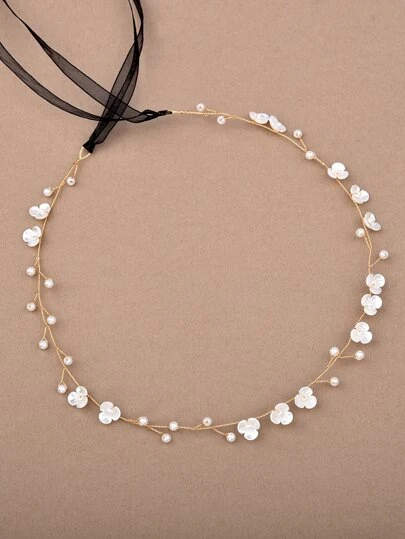 1入組女士人造珍珠和花朵裝飾時尚髮帶用於髮飾