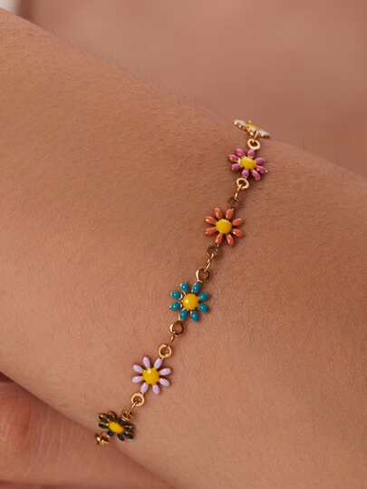 Uworld 1 件时尚不锈钢花朵装饰手链女士日常装饰花卉装饰珠宝情人节