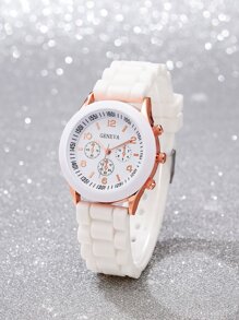 1入組白色橡膠錶帶時尚計時碼表圓形錶盤石英表和2入組字母和心形裝飾首飾套裝,適用於禮品 - 白色 - 查看 4