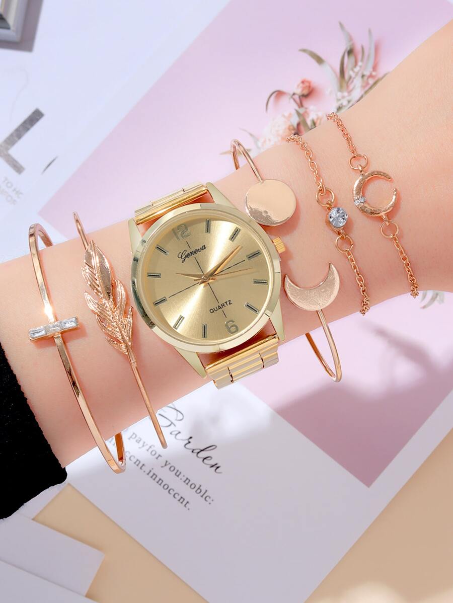 1入组女士金色鋅合金錶帶時尚圓形錶盤石英手錶和5入组手鍊用於日常裝飾