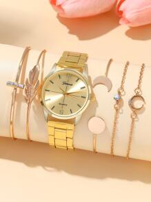 1入组女士金色鋅合金錶帶時尚圓形錶盤石英手錶和5入组手鍊用於日常裝飾