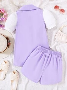 SHEIN 女孩泡泡袖T恤和西裝領馬甲西裝外套和褶皺面料短褲 - 彩色 - 查看 2