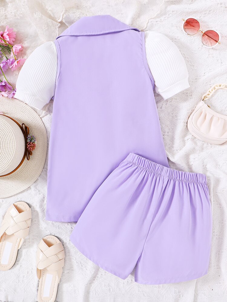 Girls Puff Sleeve Tee & Lapel Neck Vest Blazer & Plicated Shorts