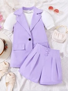 SHEIN 女孩泡泡袖T恤和西裝領馬甲西裝外套和褶皺面料短褲 - 彩色 - 查看 5