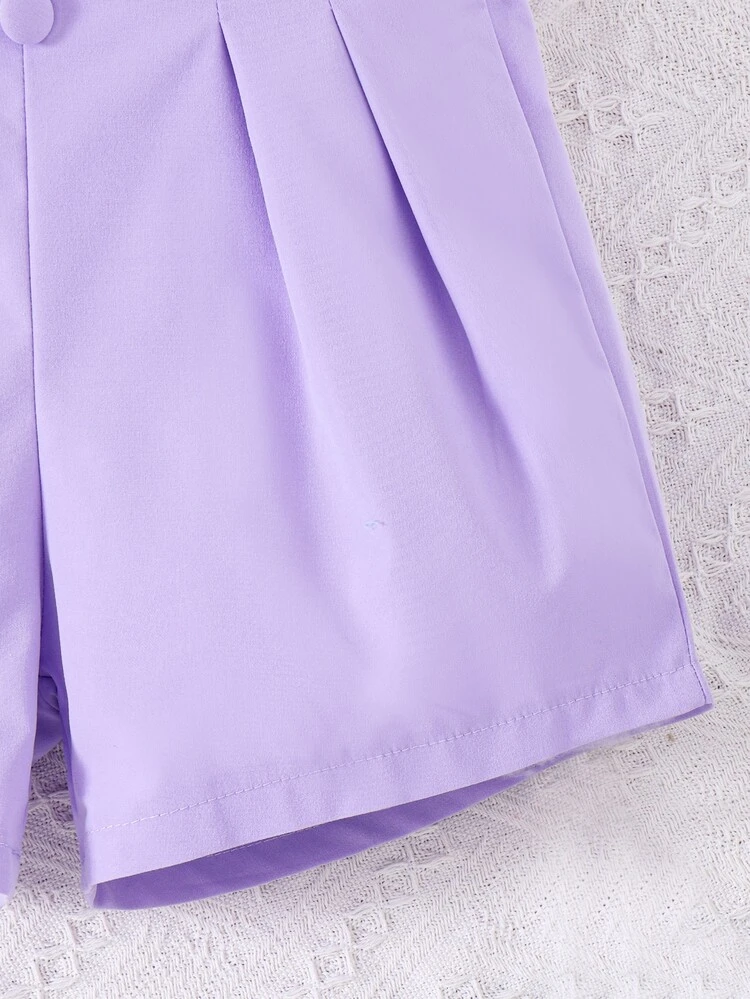 Girls Puff Sleeve Tee & Lapel Neck Vest Blazer & Plicated Shorts