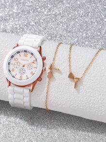 1入組白色橡膠錶帶時尚計時碼表圓形錶盤石英表和2入組字母和心形裝飾首飾套裝,適用於禮品 - 白色 - 查看 1