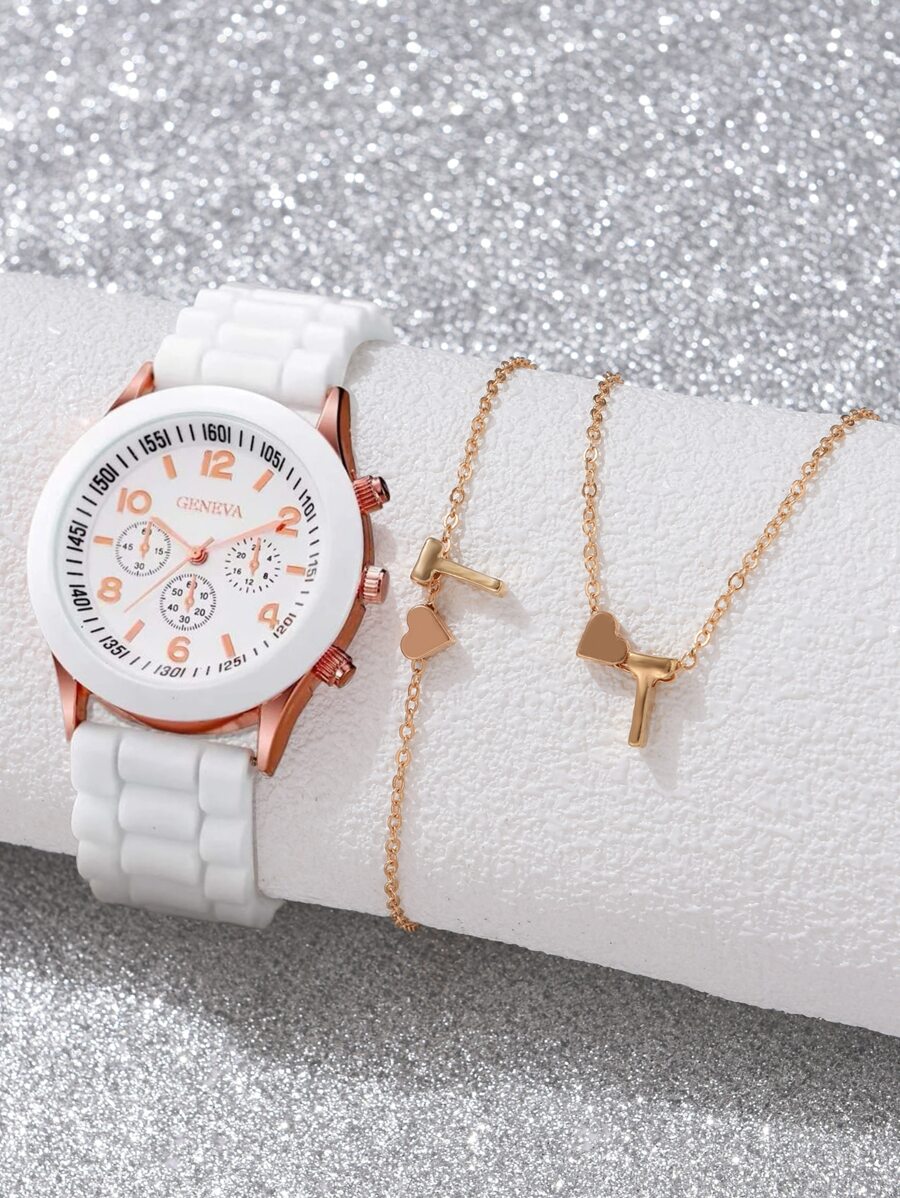 1入組白色橡膠錶帶時尚計時碼表圓形錶盤石英表和2入組字母和心形裝飾首飾套裝,適用於禮品 - 白色 - 查看 1