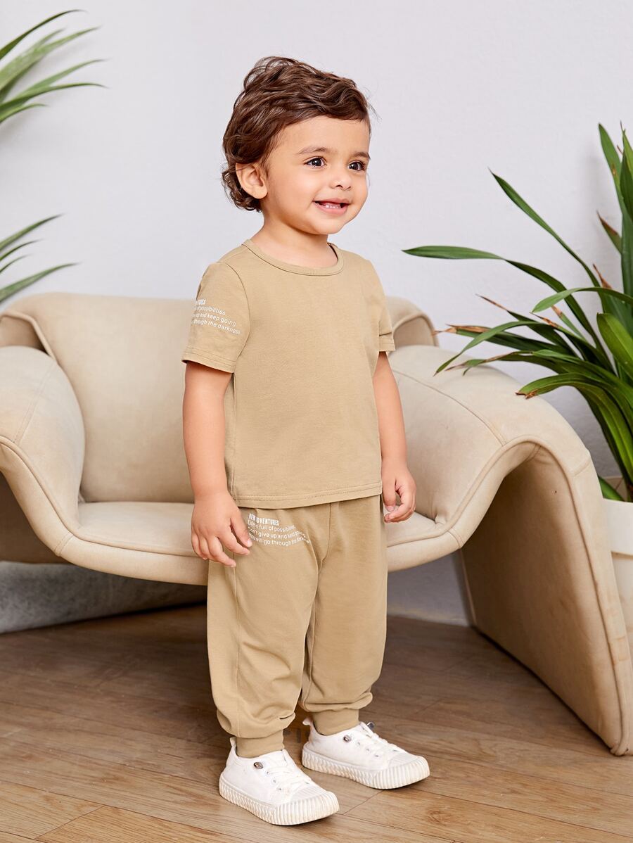 SHEIN Baby Boy Slogan Graphic Tee & Joggers - Khaki - View 1