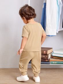 SHEIN Baby Boy Slogan Graphic Tee & Joggers - Khaki - View 2