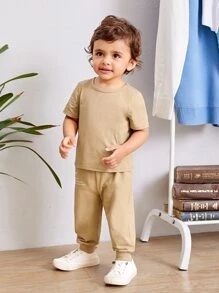 SHEIN Baby Boy Slogan Graphic Tee & Joggers - Khaki - View 6