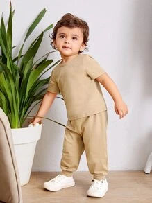 SHEIN Baby Boy Slogan Graphic Tee & Joggers - Khaki - View 7