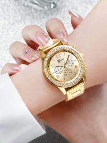 1入組女士金色鋅合金帶魅力四射水鑽裝飾圓形錶盤石英表和2入組心和字母裝飾首飾類適用於日常 - 金色 - 查看 4