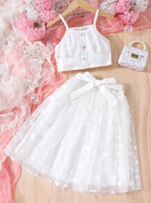 SHEIN Girls Button Front Cami Top & Heart Mesh Belted Skirt - White - View 1