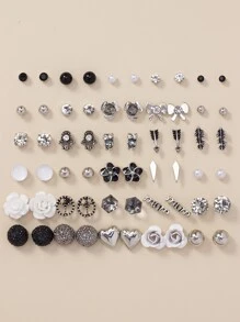 30對/套時尚花和愛心設計耳釘適用於女士日常裝飾 - 彩色 - 查看 1