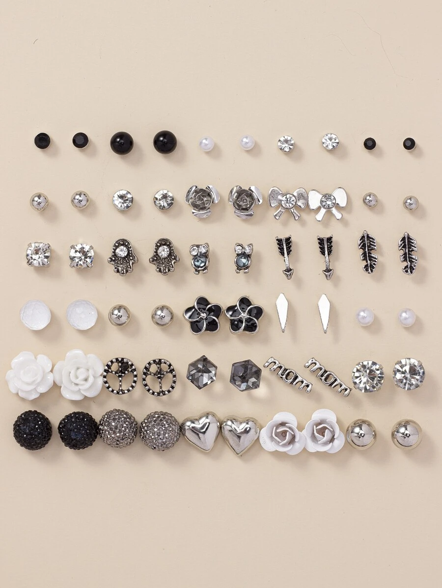 30對/套時尚花和愛心設計耳釘適用於女士日常裝飾 - 彩色 - 查看 1