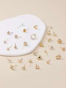 30對/套時尚鋅合金心和花朵設計耳釘適用於女士日常裝飾 - 金黃色 - 查看 2