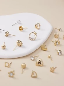 30對/套時尚鋅合金心和花朵設計耳釘適用於女士日常裝飾 - 金黃色 - 查看 3