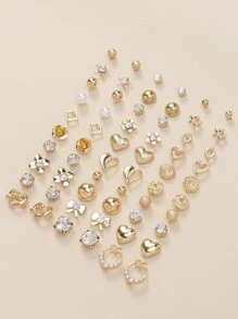 30對/套時尚鋅合金心和花朵設計耳釘適用於女士日常裝飾 - 金黃色 - 查看 4