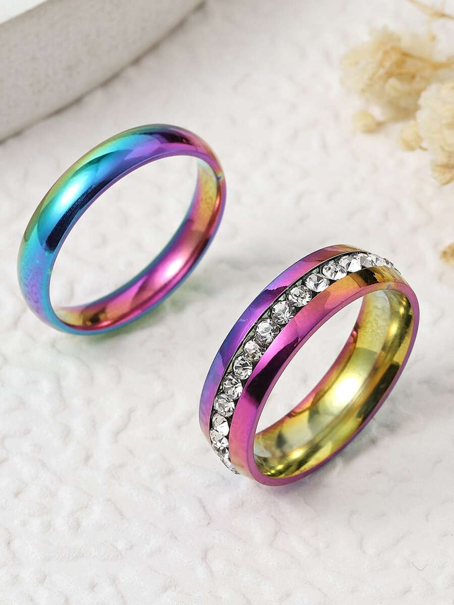 2入組/套時尚不銹鋼水鑽裝飾戒指適用於女士日常裝飾 - 彩色 - 查看 1