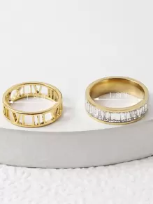 Bộ 2 chiếc nhẫn nữ bằng thép không gỉ thời trang được trang trí bằng chữ La Mã để sử dụng hàng ngày - Vàng - Xem 3
