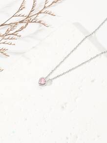 1pc Minimalist Heart-Shaped Zirconia Pendant Necklace For Women - Pink - View 2