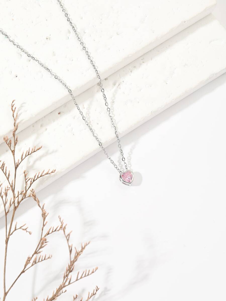 1pc Minimalist Heart-Shaped Zirconia Pendant Necklace For Women - Pink - View 1