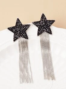 1pair Glamorous Rhinestone & Chain Tassel Decor Earring Jackets For Women For Daily Decoration - Black - View 1