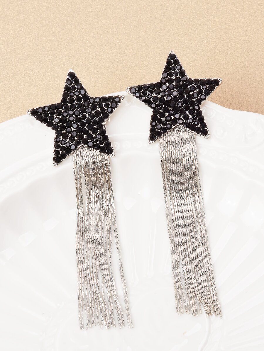 1pair Glamorous Rhinestone & Chain Tassel Decor Earring Jackets For Women For Daily Decoration - Black - View 1