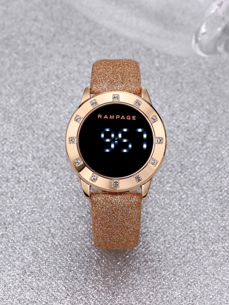 1 Nữ Champagne PU Dây Đeo Polyurethane Thời Trang Kim Cương Giả Trang Trí Ngày Mặt Tròn Đồng Hồ Kỹ Thuật Số, Cho Trang Trí Hàng Ngày - Hoa hồng vàng - Xem 1