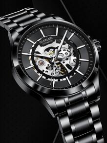 1pc Men Black Stainless Steel Strap Business Decor Skeleton Round Dial Mechanical Watch, For Daily Decoration - Black - View 1