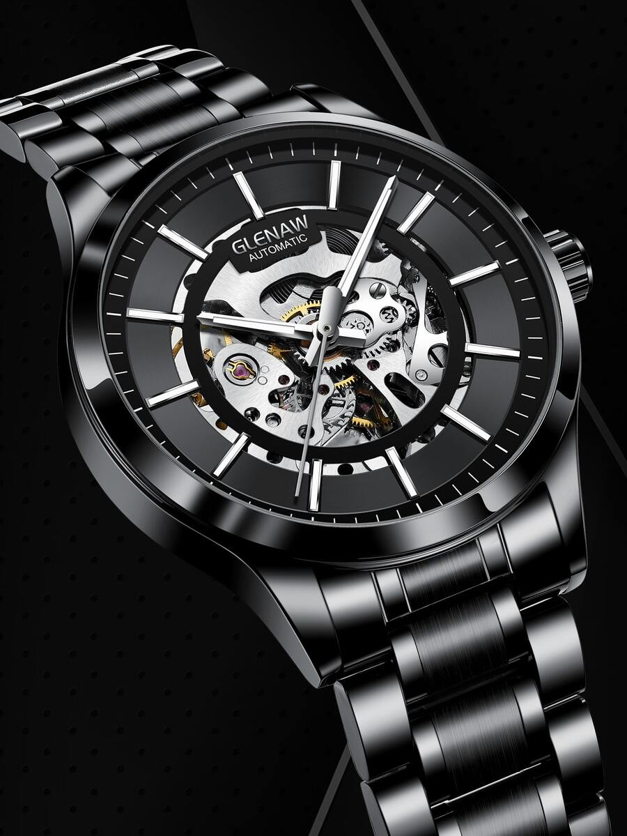 1pc Men Black Stainless Steel Strap Business Decor Skeleton Round Dial Mechanical Watch, For Daily Decoration - Black - View 1