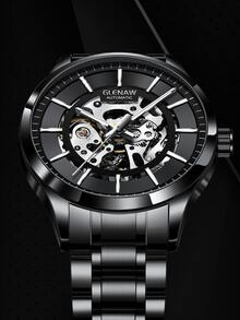 1pc Men Black Stainless Steel Strap Business Decor Skeleton Round Dial Mechanical Watch, For Daily Decoration - Black - View 2