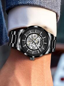 1pc Men Black Stainless Steel Strap Business Decor Skeleton Round Dial Mechanical Watch, For Daily Decoration - Black - View 3