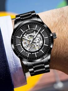 1pc Men Black Stainless Steel Strap Business Decor Skeleton Round Dial Mechanical Watch, For Daily Decoration - Black - View 5