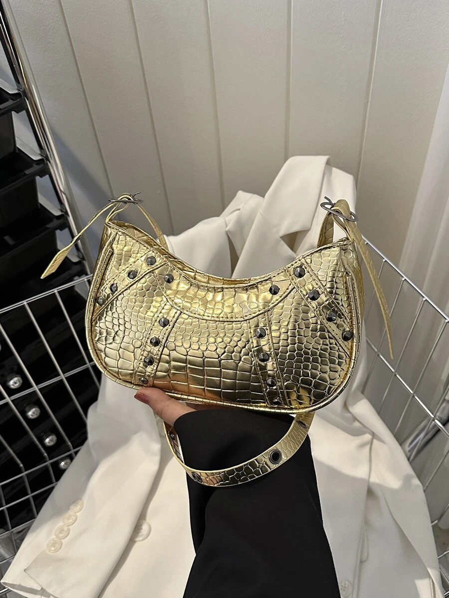 小流浪包鱷魚壓紋鉚釘裝飾金屬質感前衛 - 金色 - 查看 1