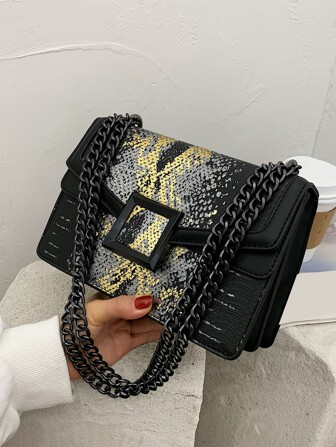 Small Snakeskin Embossed Chain Strap Elegant Crossbody Square Bag - Retro Snake Skin Pattern Bag - Classic Flap Chain Shoulder Bag
