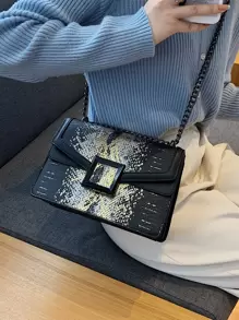 小號蛇皮壓花鏈肩帶優雅斜背方包-復古蛇皮圖案包-經典翻蓋鏈條單肩包 - 彩色 - 查看 3