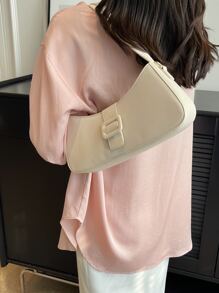 搭扣裝飾法棍包素色極簡 - 米色 - 查看 1