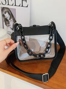 迷你方形包链装饰透明设计时尚风格，时尚透明，女士透明防水包，适合夏季、度假和海滩，非常适合音乐节，防水、防沙透明包，沙滩运动野餐零食透明女士钱包 - 黑色 - 查看 7