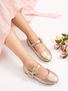女孩蝴蝶結裝飾瑪麗珍金屬亮絲平底鞋