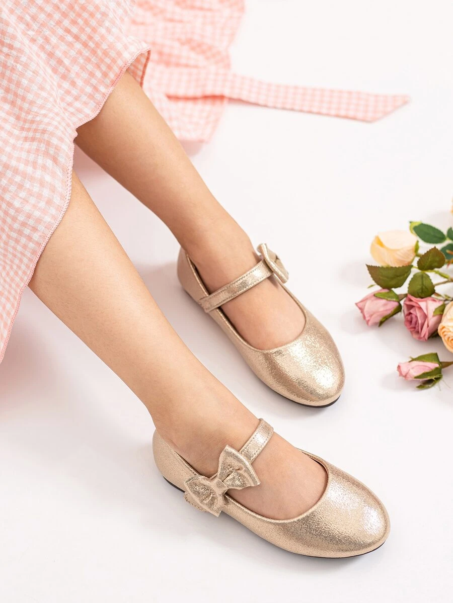 女孩蝴蝶結裝飾瑪麗珍金屬亮絲平底鞋