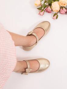 女孩蝴蝶結裝飾瑪麗珍金屬亮絲平底鞋