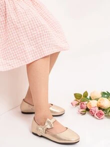 女孩蝴蝶結裝飾瑪麗珍金屬亮絲平底鞋