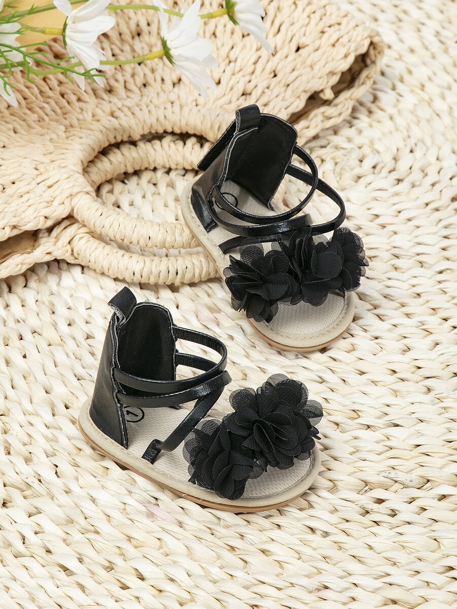 Baby Flower Decor Strap Sandals, Ankle Strap Sandals - Black - View 1