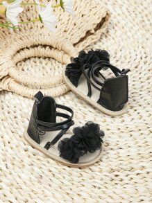 Baby Flower Decor Strap Sandals, Ankle Strap Sandals - Black - View 2
