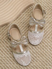 Girls Bow Decor Ankle Strap Shoes, Polyester Round Toe Flats - Gold - View 1