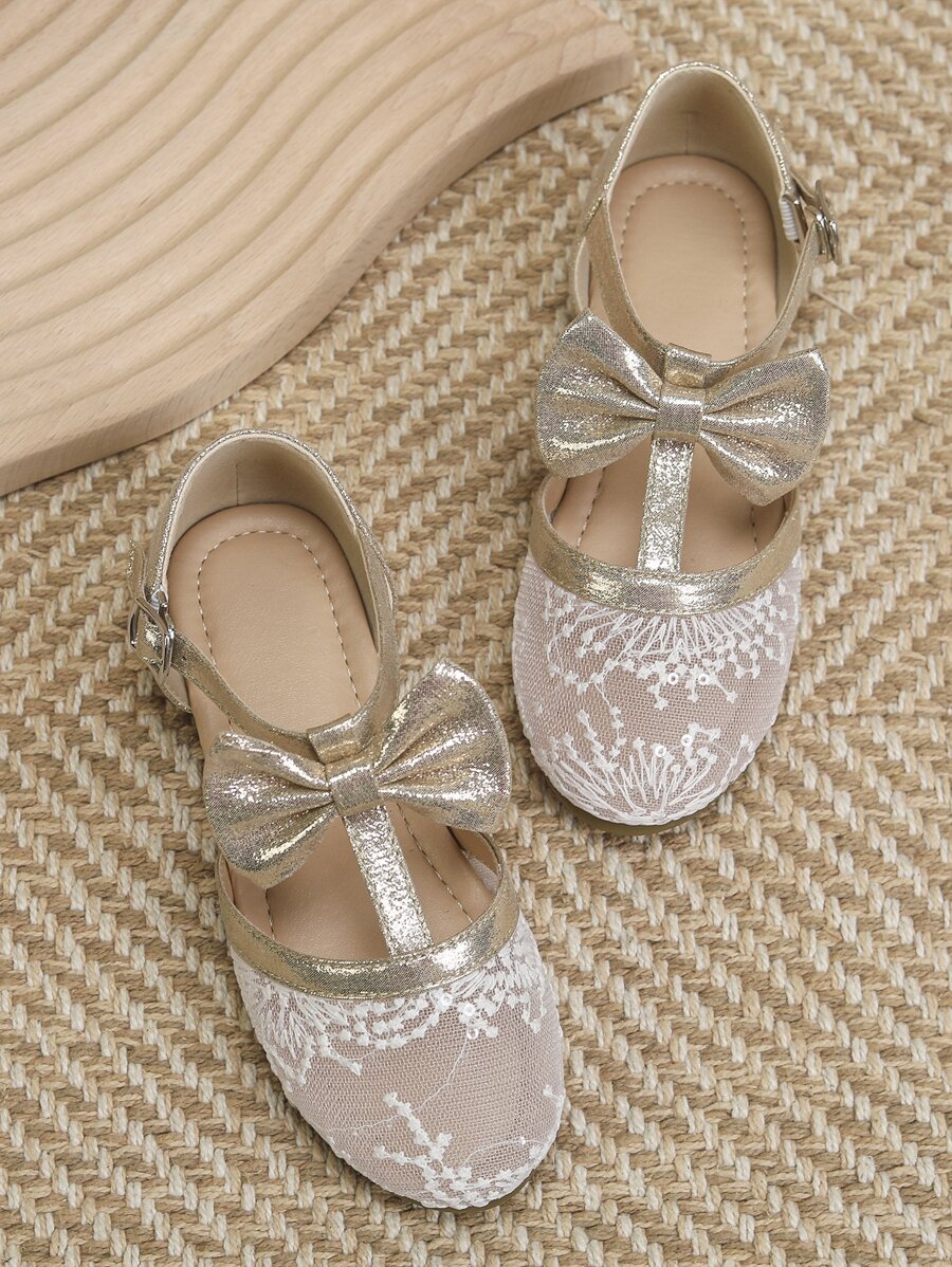 Girls Bow Decor Ankle Strap Shoes, Polyester Round Toe Flats - Gold - View 1